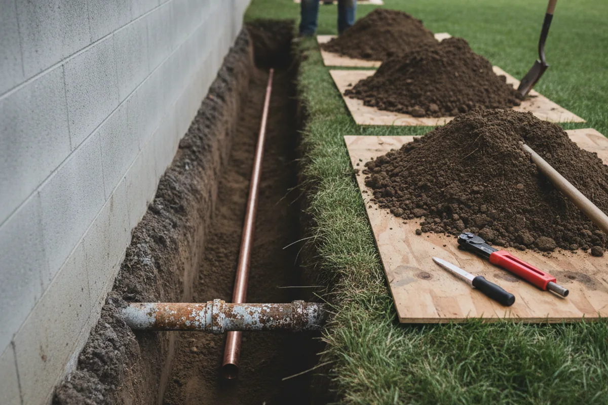 Excavated water line trench during Sewer Line Repair in Island Heights